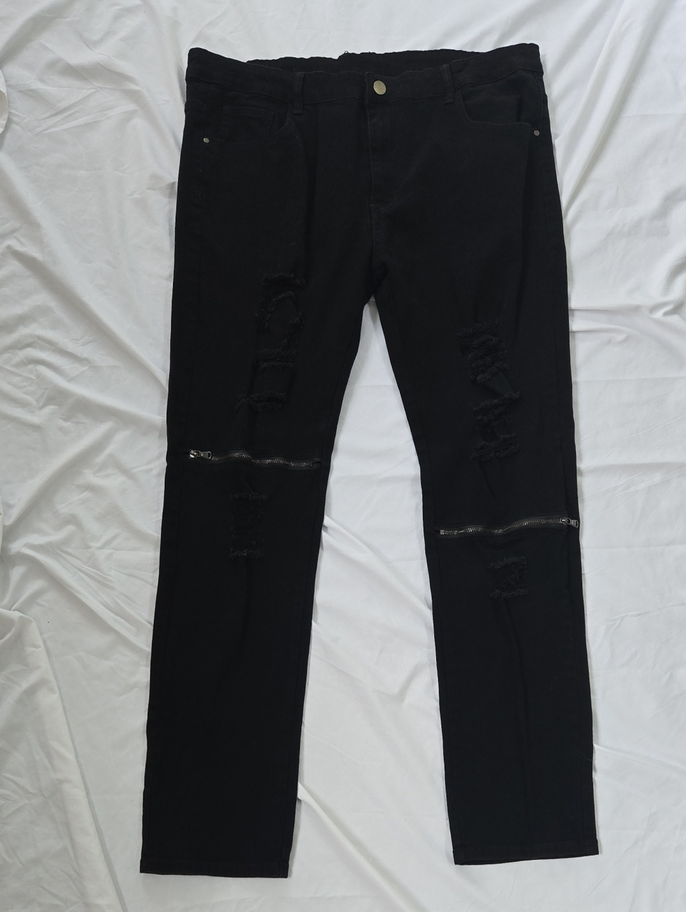 Men's Black Jeans With Distressed Fabric And Zipper On Each Front Pant Leg